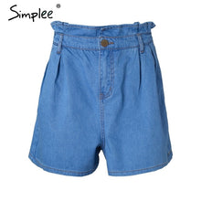 Load image into Gallery viewer, BerryGo Casual ruffle blue denim shorts Women button pocket high waist shorts 2018 Summer beach chic streetwear jeans shorts